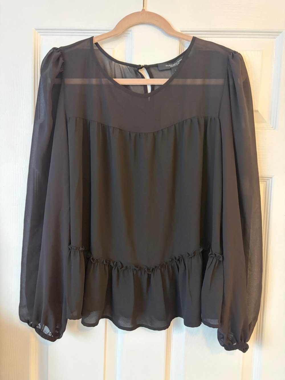 Marc NY Andrew Marc Sheer Ruffle-Hem Blouse - Black size large - Picture 2 of 10
